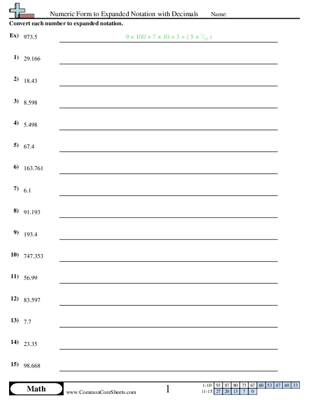 Converting Forms Worksheets - Numeric to Expanded Notation with Decimals worksheet